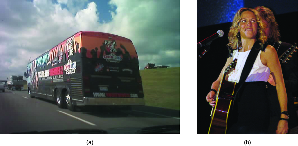 Image A is of a tour bus driving along a road. Print on the back of the bus reads “Rock the Vote”. Image B is of Sheryl Crow holding a guitar.