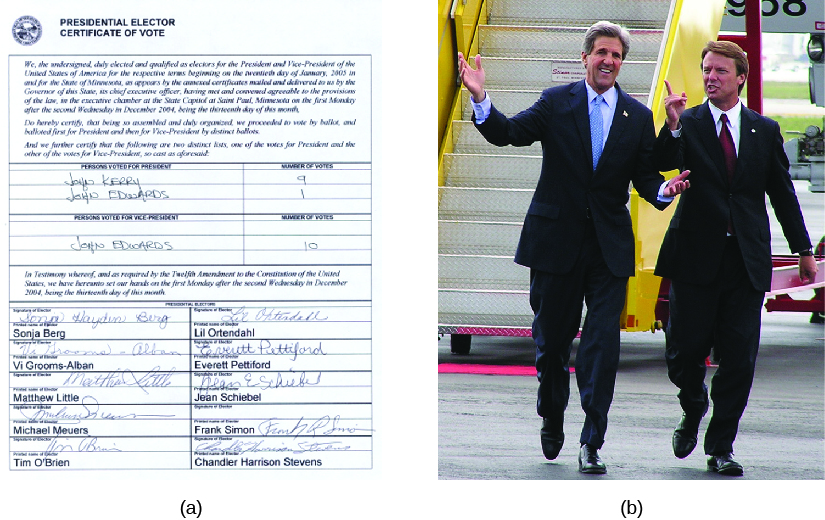 Image A is of a presidential elector certificate of vote form, showing a vote for John Kerry for president. Image B is of John Kerry and John Edwards.