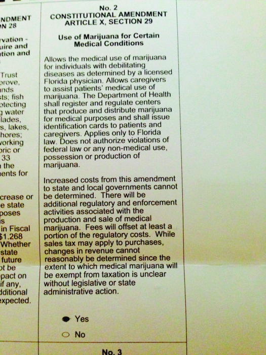 A image of a ballot that reads “No. 2 Constitutional Amendment Article X, Section 29. Use of Marijuana for Certain Medical Conditions.”