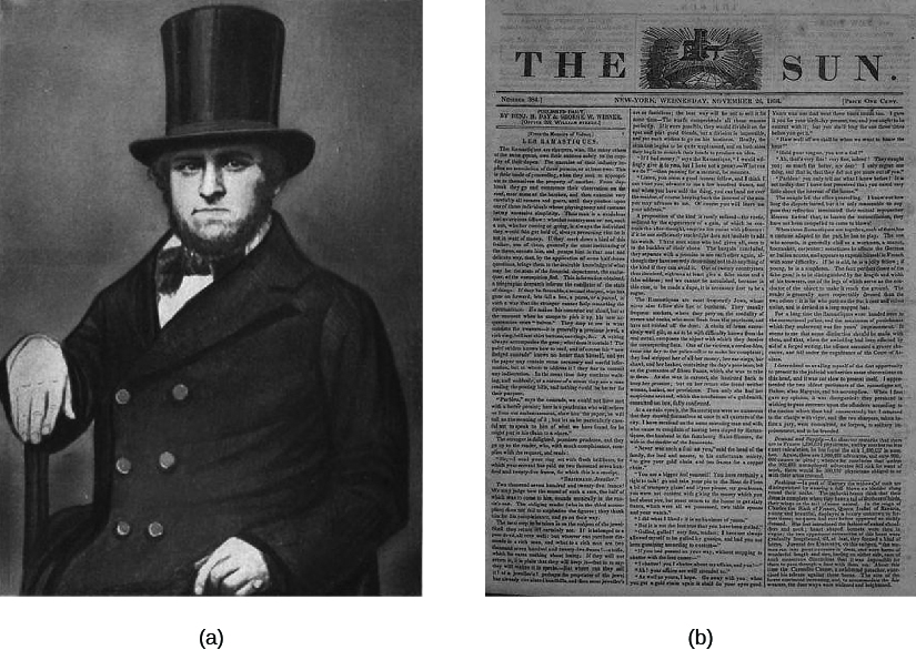 Image A is of Benjamin Day seated. Image B is of a newspaper titled “The Sun”.