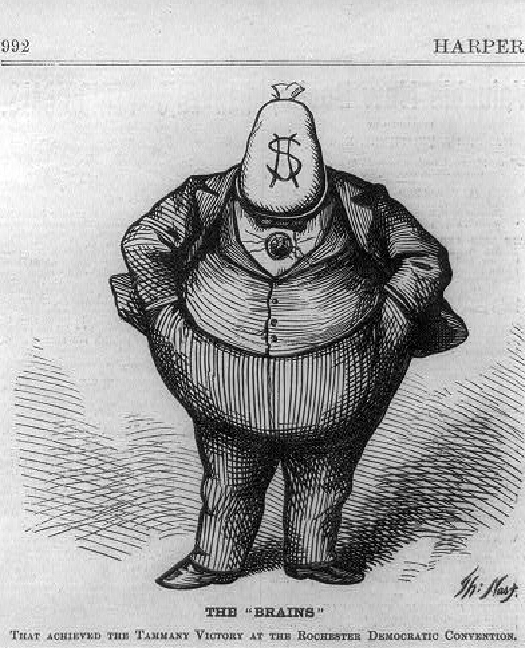 An image of a corpulent cartoon figure wearing a suit, hands in pockets, with a bag of money instead of a head. Text under the figure reads “The “Brains” ”.