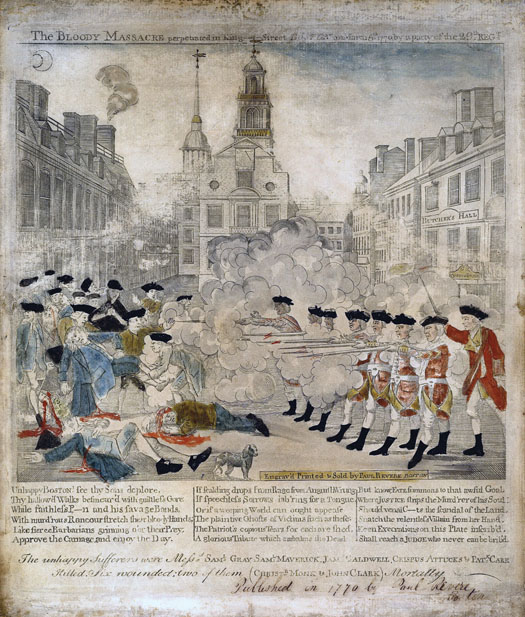This newspaper page shows a drawing of a scene from the Boston Massacre.