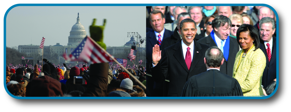 The left image shows a crowd of people waving American flags in front of the Capitol. The right image shows Barack Obama being sworn in as President of the United States.