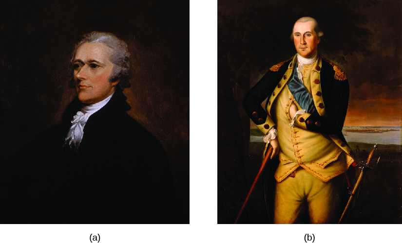 Image A is a painting of Alexander Hamilton. Image B is a painting of George Washington.