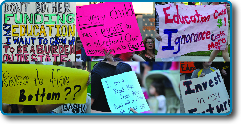 An image of six handwritten signs. The signs read “Don’t bother funding my education… I want to grow up to be a burden on the state”, “Every child has a right to an education! Our responsibility is to fund it!”, “Education costs $! Ignorance costs more”, “Race to the bottom??”, “I am a… proud mom, proud teacher, proud wife of a teacher. No more cuts!”, and “Invest in my future”.