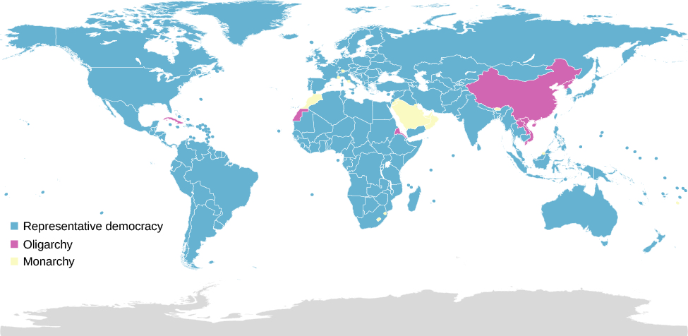 A map of the world labeled to indicate the forms of government in each country. A legend to the left reads “Representative democracy”, “Oligarchy”, and “Monarchy”. A small number of countries are labeled “Oligarchy”, and a very small number are labeled “Monarchy”. The large majority of countries are labeled “Representative democracy”.